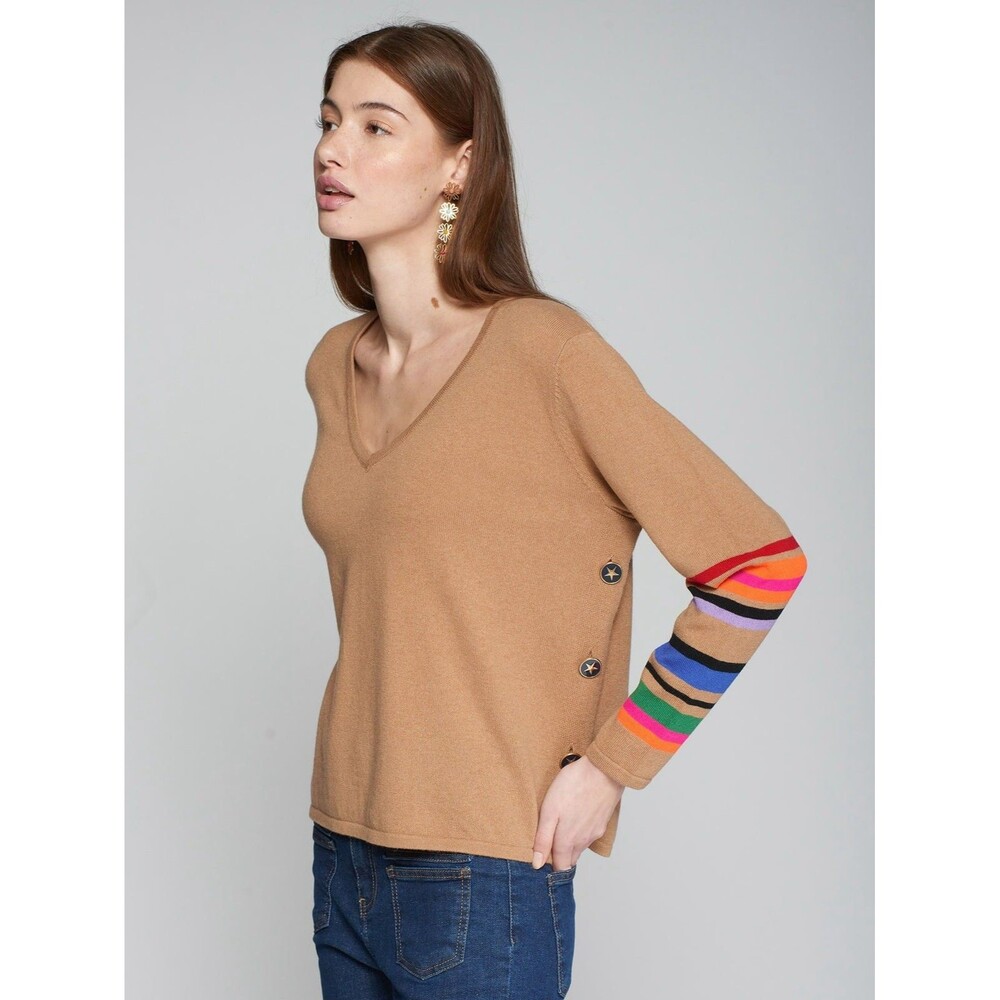 Vilagallo Knitwear Side‎ Button 100% Wool Sweater L Tan Cozy Luxury Preppy